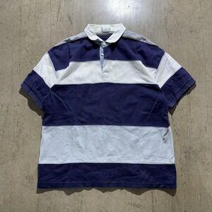 Vintage L.L.Bean Polo Shirt Mens Large Blue Stripe Rugby Cotton Short Sleeve 90s